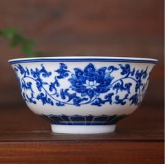 5.5寸10个 青花瓷泡面汤碗套装高脚白陶瓷米饭寿碗餐具 缠枝莲