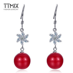 Ttmix新款925银镶嵌水钻耳坠韩版珍珠饰品个性百搭红色贝珠耳环女