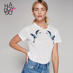 Haoduoyi2016秋季女装新款  时尚简约小鸟字母刺绣修身短袖T恤女