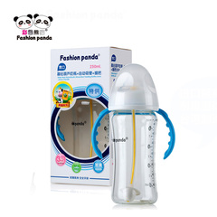 彩色熊猫晶钻玻璃奶瓶宽口径奶瓶带手柄自动吸管硅胶奶嘴250ML