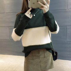 2016冬季新款韩版半高领套头毛衣女装宽松拼色加厚针织打底衫上衣