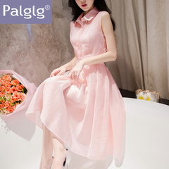 Palglg连衣裙女夏2016新款韩版修身收腰气质翻领无袖两件套中长裙