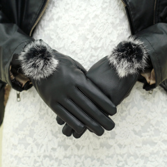 皮手套女士秋冬季保暖韩版手套 可爱兔毛球 加绒加厚骑行骑车防风