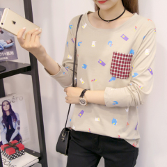 秋季新品韩版女装宽松大码上衣圆领长袖卡通印花格子口袋学生T恤