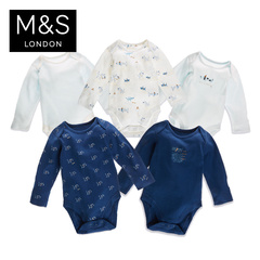 5件装M&S/马莎童装 男婴儿0至3岁纯棉男孩长袖连体衣T787102B