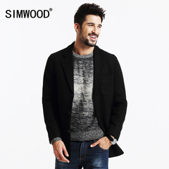 Simwood简木男装2016冬胸前口袋修身厚款混羊毛中长款大衣外套男