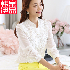 2017春装新款韩版女装长袖蕾丝衫白色打底衫上衣衬衣宽松女雪纺衫