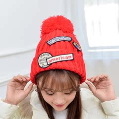 韩国混色贴布保暖加厚毛线帽子可爱百搭韩版女冬天户外护耳针织帽
