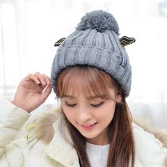 韩国纯色贴布保暖加厚毛线帽子可爱百搭韩版女冬天户外护耳针织帽