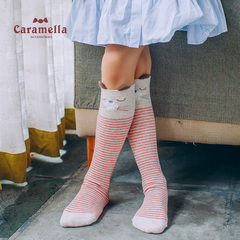 caramella秋冬新款儿童袜子 粉色睡眠猫儿童中筒袜 卡通风及膝袜