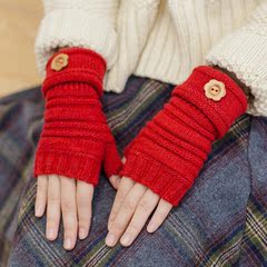 韩版手套女冬天学生可爱纽扣女士露指冬季加厚保暖毛线半指手套