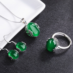伊洛传芳 韩版时尚复古简约合成绿玛瑙银饰三件套