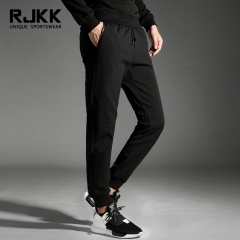 RJKK冬季休闲裤运动裤男 修身小脚男士黑色长裤子pu皮装饰潮卫裤