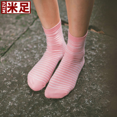 米足袜子女秋冬中筒棉袜条纹女袜运动袜纯色简约四季袜子5双装