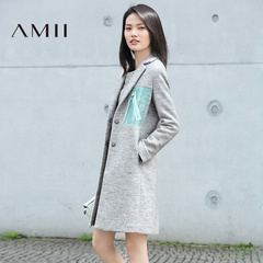 Amii[极简主义]2016冬女西装翻领拉链透视拼接毛呢单面呢外套