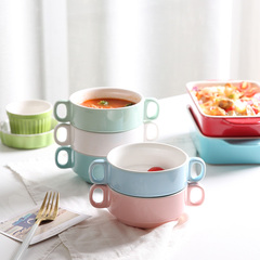创意甜品杯沙拉碗炖汤盅烘焙模具蒸蛋碗双耳陶瓷烤碗中式早餐粥碗