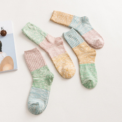 亚鹏2016秋冬季女士中筒棉袜创意清新粗针拼色中筒袜子