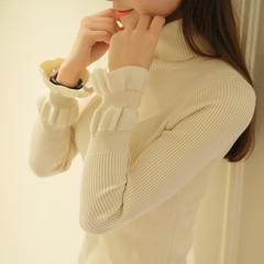 秋冬新款韩版高领荷叶袖加厚针织衫修身百搭长袖套头毛衣女打底衫