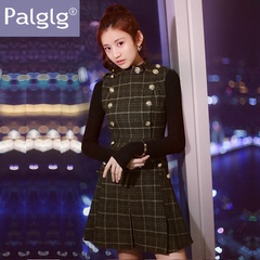 Palglg女装冬装2016新款潮韩版修身时尚双排扣格子背心毛呢连衣裙