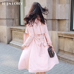 热嘉2017春装新款韩版中长款粉色风衣女薄款外套宽松装学生秋冬季