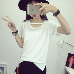 韩版学生夏季小三角形镂空纯色短袖t恤宽松百搭女装上衣潮新款女