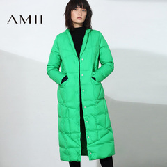 Amii[极简主义]2016冬季大码休闲V领90绒不规则立体中长款羽绒女