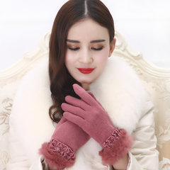 【清仓】秋冬新款羊毛手套女士兔毛口全指双层加绒花边保暖手套