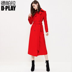 D－PLAY2016秋冬欧美红色大衣长款修身羊毛呢外套双排扣系带女款