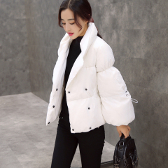 2016秋冬新品韩版立领喇叭袖纯色棉衣女双排扣加厚长袖面包服外套