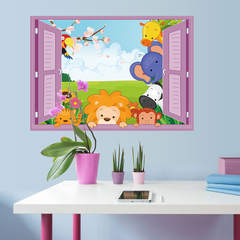 3D立体效果平面假窗户墙贴纸儿童房幼儿园卡通可爱小动物贴画环保