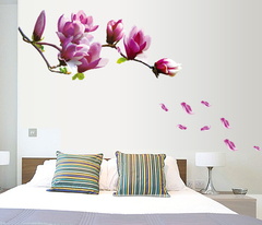 紫色玉兰花大型背景装饰画墙贴PVC可移除贴纸 防水墙贴