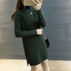 冬季韩版半高领纯色钉珠毛衣女套头宽松显瘦中长款针织打底衫加厚
