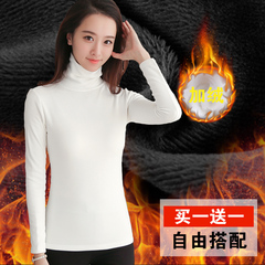 韩版冬季新款圆领长袖T恤女纯色V领上衣高领保暖加绒加厚打底衫