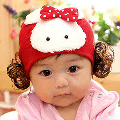 宝宝帽子秋冬女0-2岁婴儿假发帽针织毛线帽女童保暖套头帽公主帽