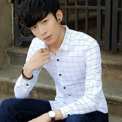 男士长袖衬衫加绒加厚保暖衬衣青少年韩版修身休闲格子衣服潮寸衫