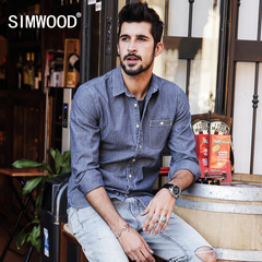 Simwood简木男装2017春季新款男士胸前口袋修身条纹方领长袖衬衫