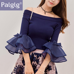 Palglg2017春装新款女装修身性感一字领欧根纱喇叭袖毛针织衫上衣