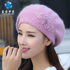 韩版新款帽子女秋冬季保暖手工织花贝雷帽时尚兔毛混纺针织套头帽