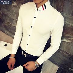 冬季男士修身休闲衬衣韩版青年长袖修身白衬衫男装上衣内搭寸衫潮
