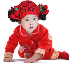 冒泡泡儿童唐装女婴儿唐装套装秋冬款宝宝百日服红色礼服新年装