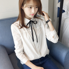 2016学生韩版纯棉学院风娃娃领衬衫可爱日系百搭飘带长袖女衬衣