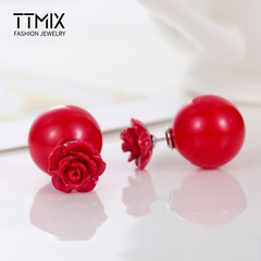 Ttmix红玫瑰花贝珠925银韩国耳钉 气质百搭生日礼物两种戴法配饰