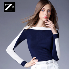 ZK女装2016秋冬新款撞色拼接时尚修身显瘦打底毛线衣长袖套头毛衣