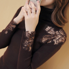 迷简2016秋冬新款韩版女装蕾丝烫钻针织衫修身弹力打底衫高领毛衣