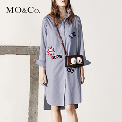 MO&Co.连衣裙趣味图案刺绣长袖条纹衬衫裙中长款MA1631DRS04 moco