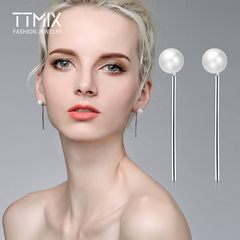 Ttmix925银母贝珍珠耳环韩国气质 长款简约个性耳钉防过敏饰品