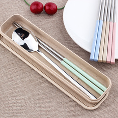 创意小麦不锈钢304便携餐具筷子勺子套装 学生可爱筷子盒长柄