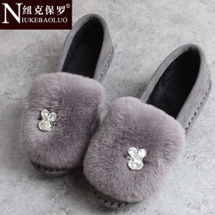 韩版冬季兔子鞋女平底平跟浅口纯色棉瓢鞋时尚百搭圆头保暖豆豆鞋