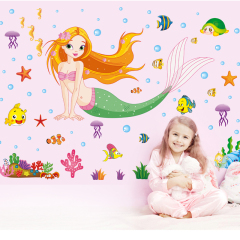 人鱼公主超大卡通儿童房贴画女孩床头贴纸 美人鱼墙贴可移除防水