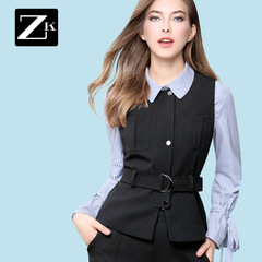 ZK竖条纹衬衫西装马甲职业套装OL气质两件套2017春新款欧洲站女装